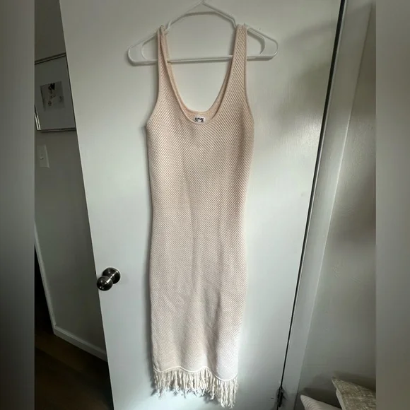 Future Collective with Alani Noelle Crochet Fringe Hem Boho Midi Dress Tan - Picture 2 of 5